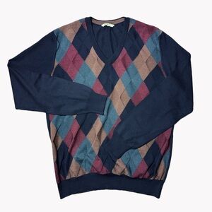 Dalmine 100% Merino Wool Argyle V-Neck Made in Italy Men’s Sweater Size 54 - XL
